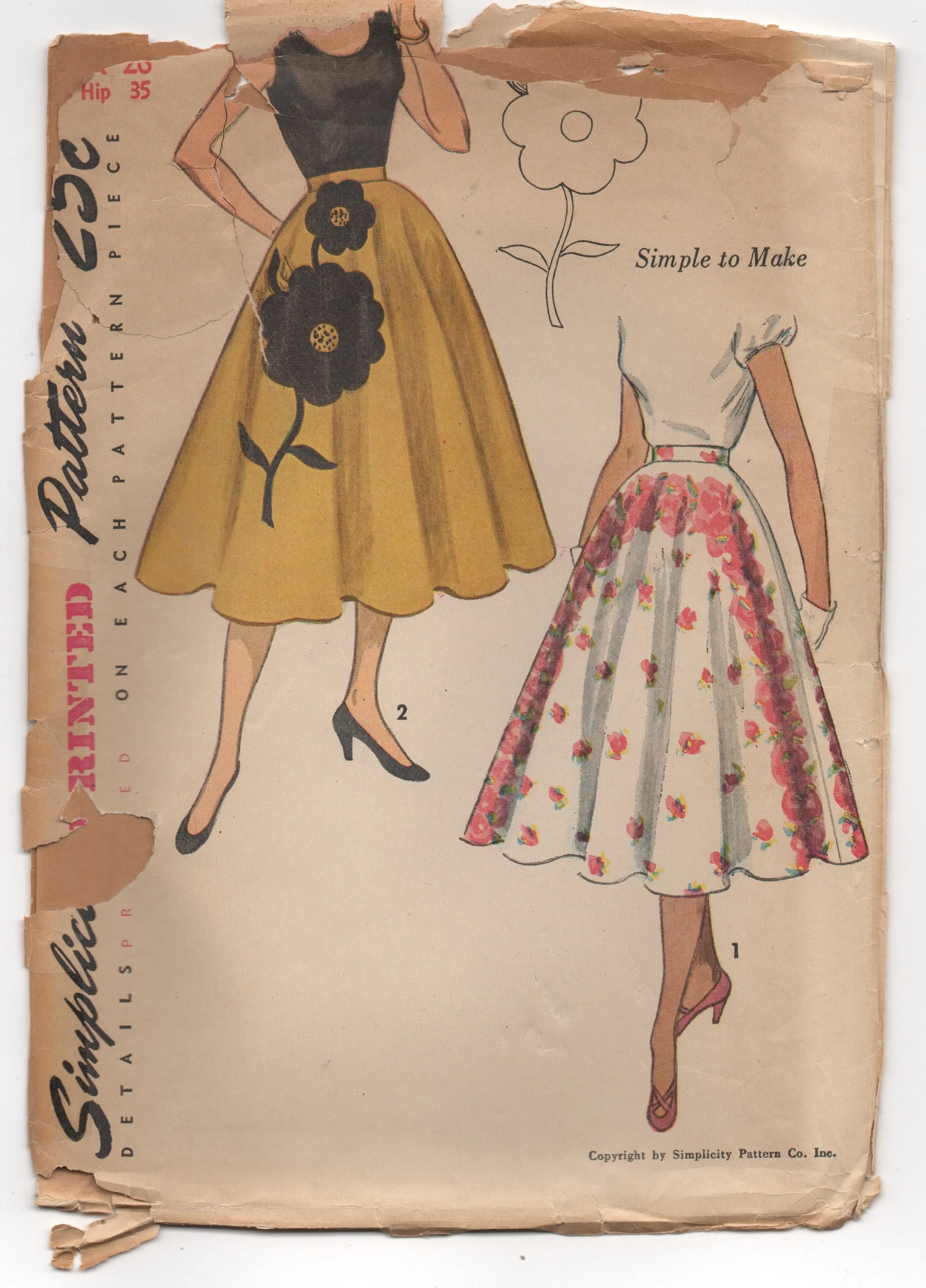 1950's Simplicity Full Circle Skirt with Flower Transfer - Waist 26" - No. 3560