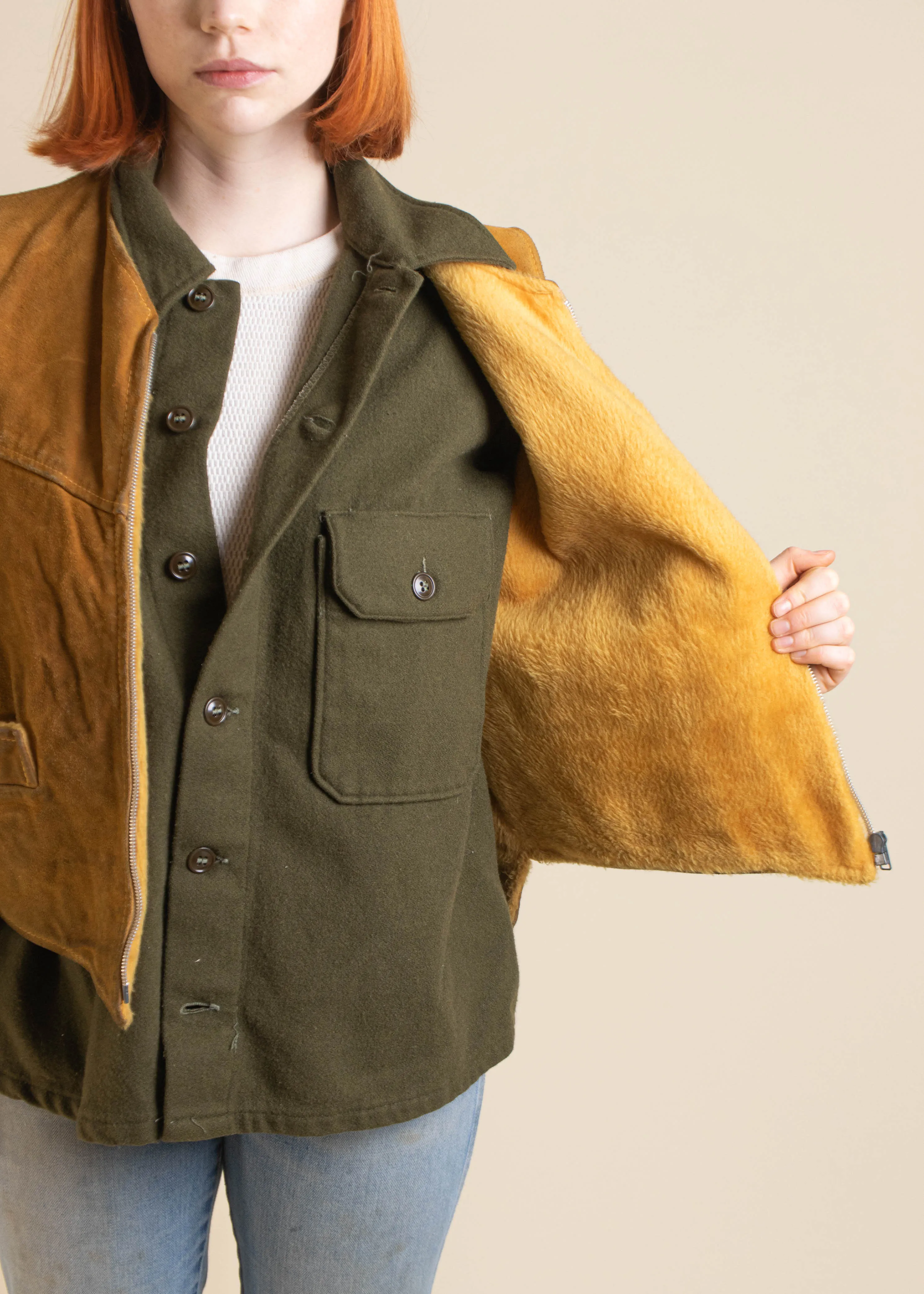 1970s Golden Boy Garment Sherpa Suede Vest Size M/L