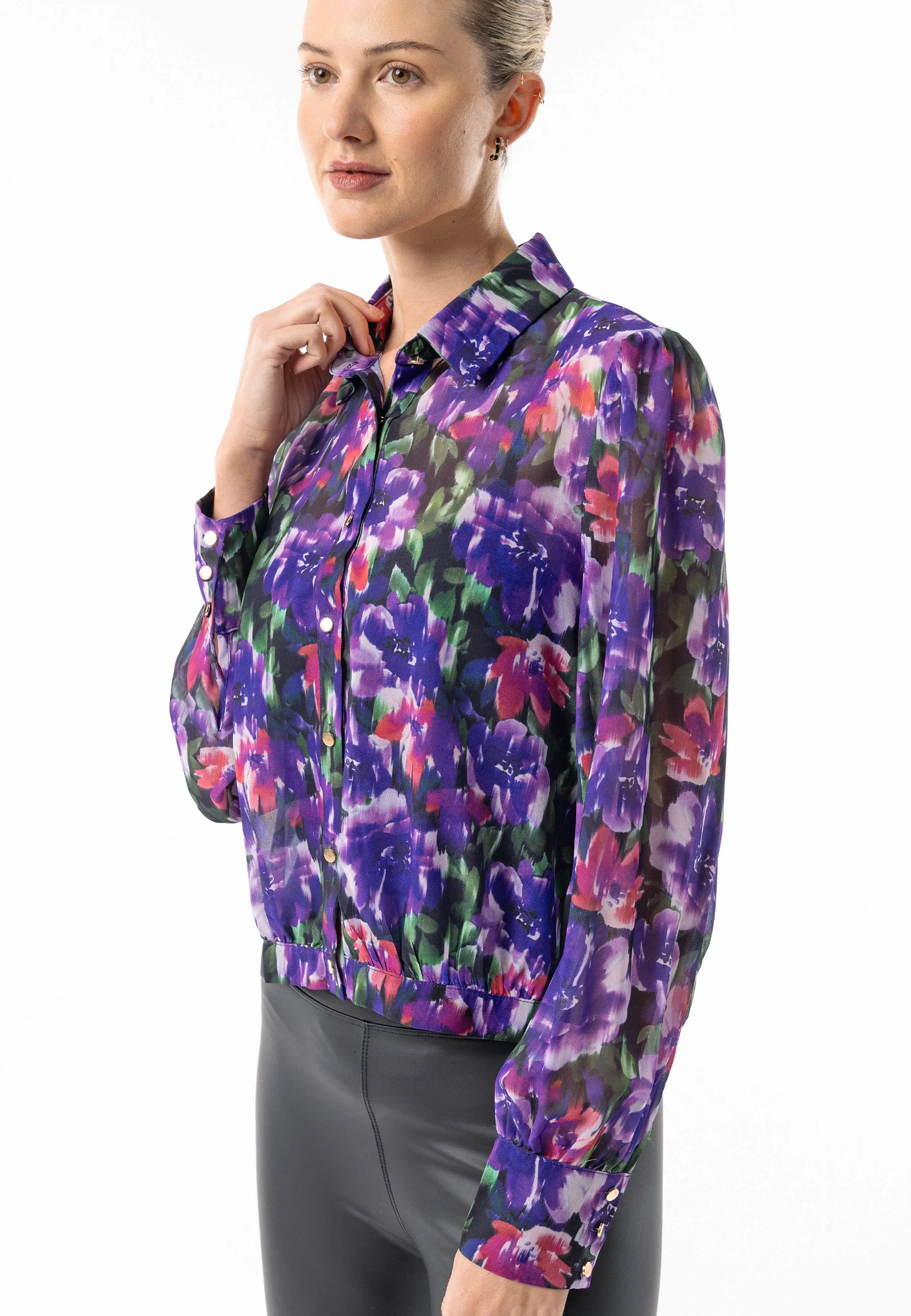 Angeleye Semi Sheer Collar Blouse In Purple Floral Print