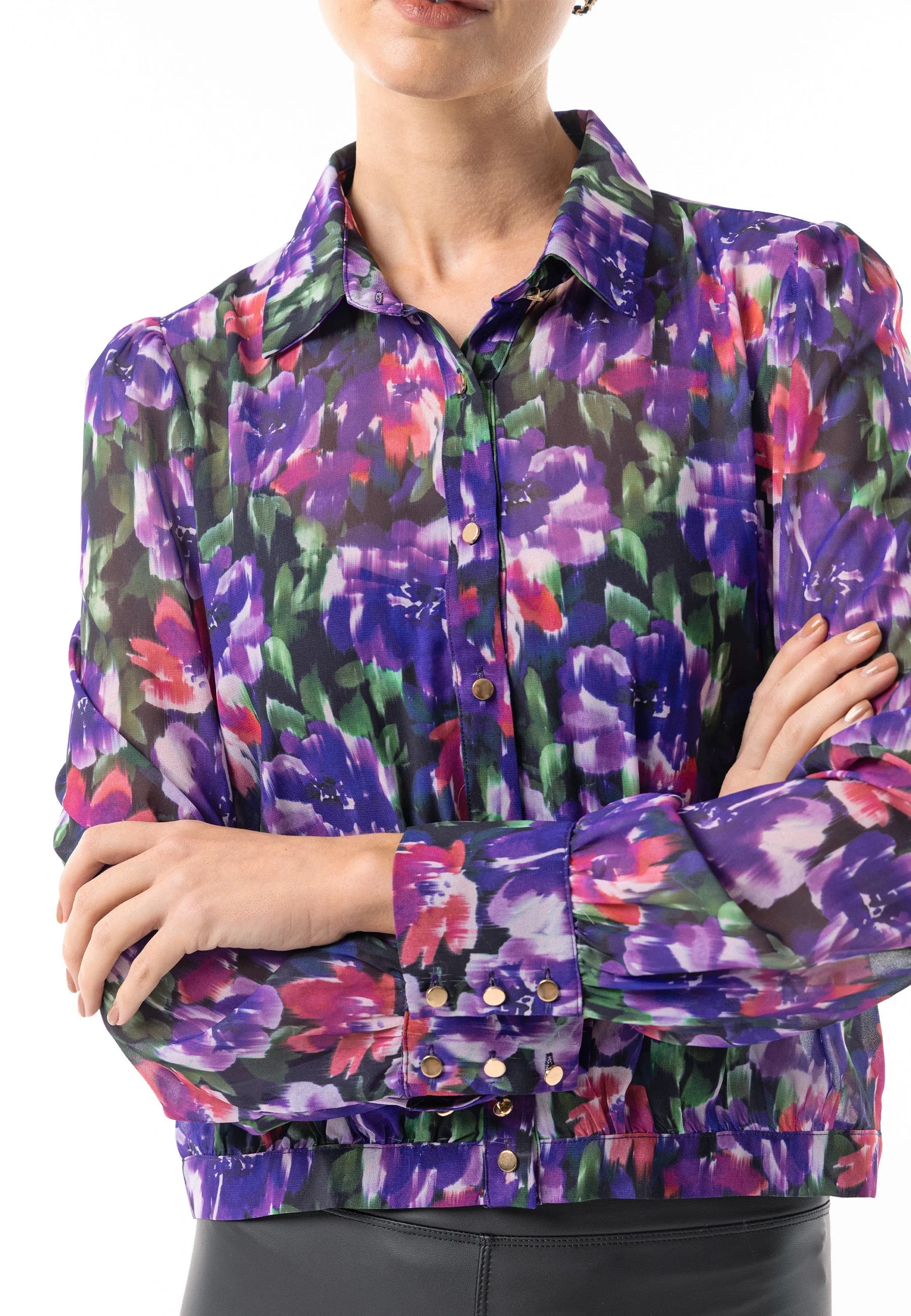 Angeleye Semi Sheer Collar Blouse In Purple Floral Print