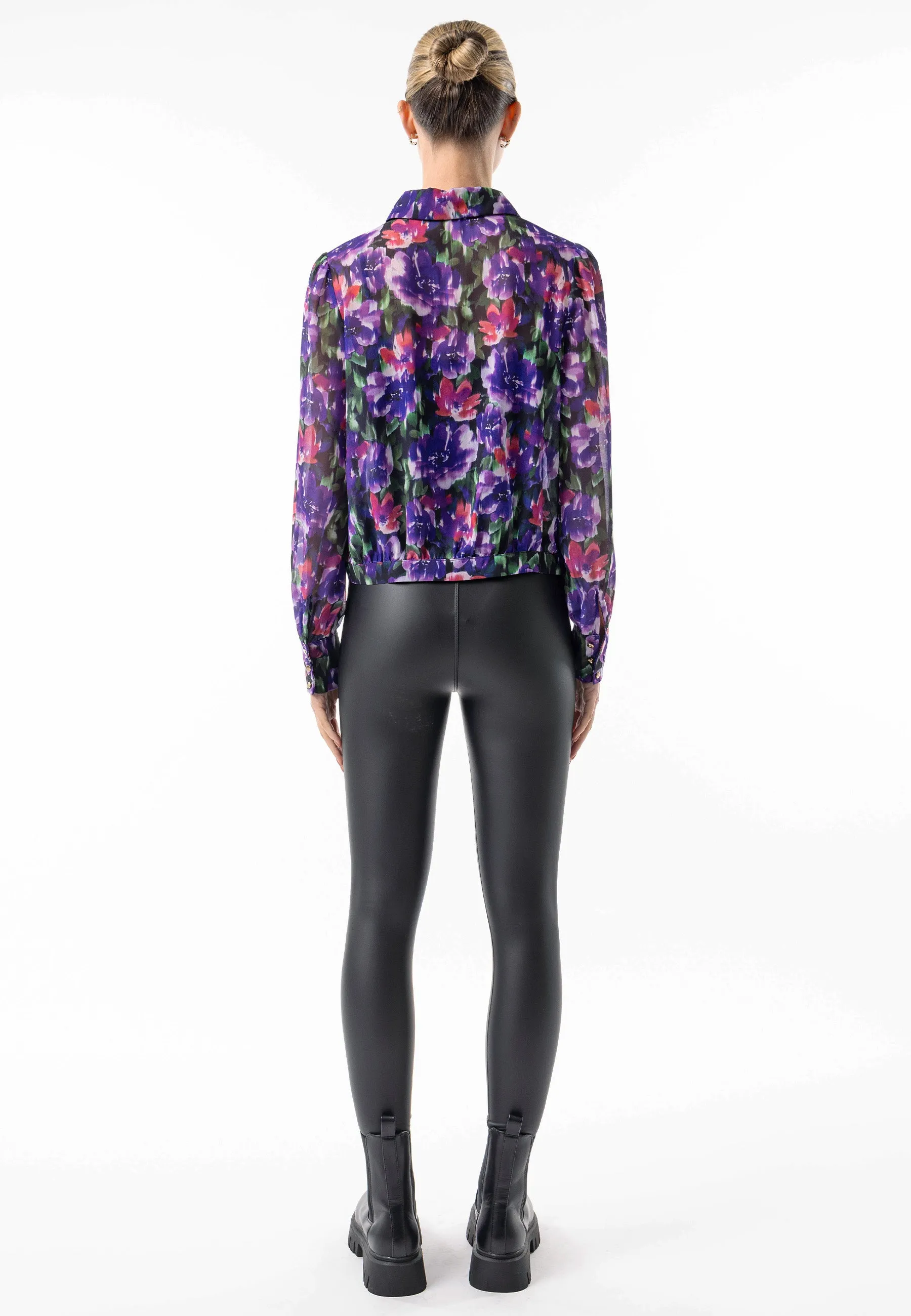 Angeleye Semi Sheer Collar Blouse In Purple Floral Print