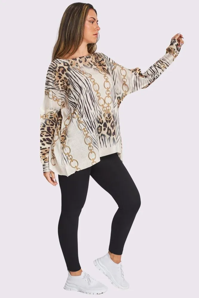 Animal Chain Print Knit Style Oversized Top