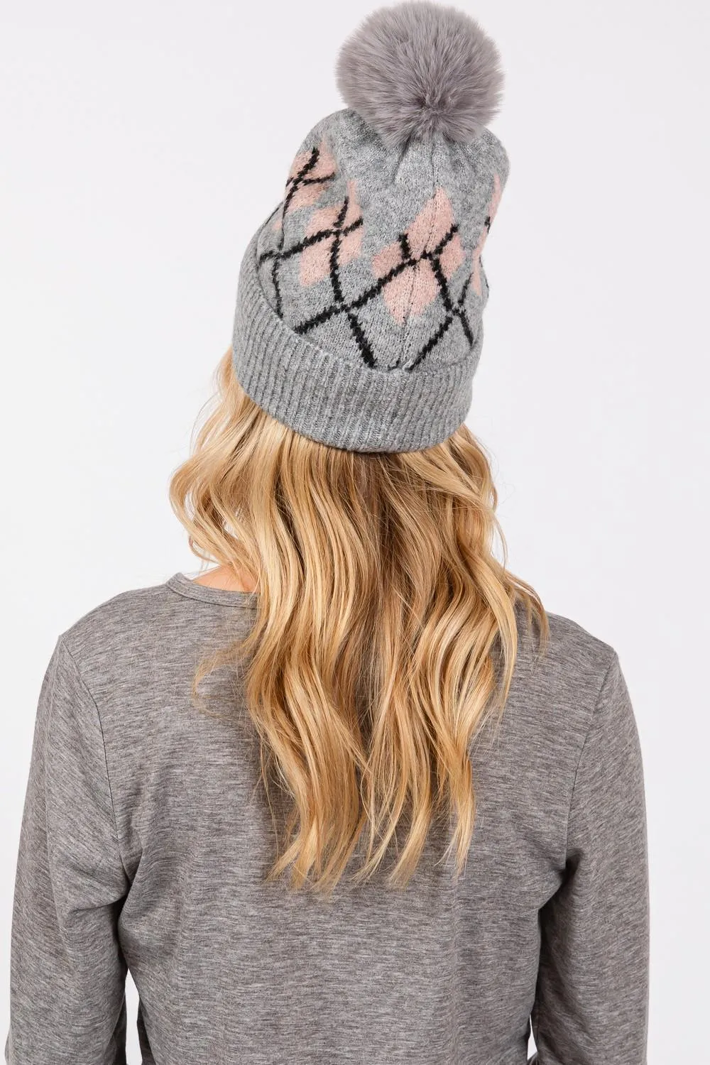 ARGYLE TOQUE WITH FAUX FUR POMPOM