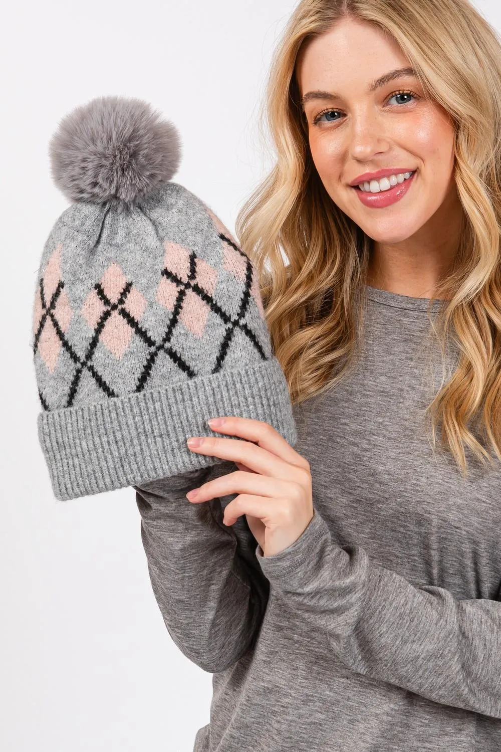 ARGYLE TOQUE WITH FAUX FUR POMPOM