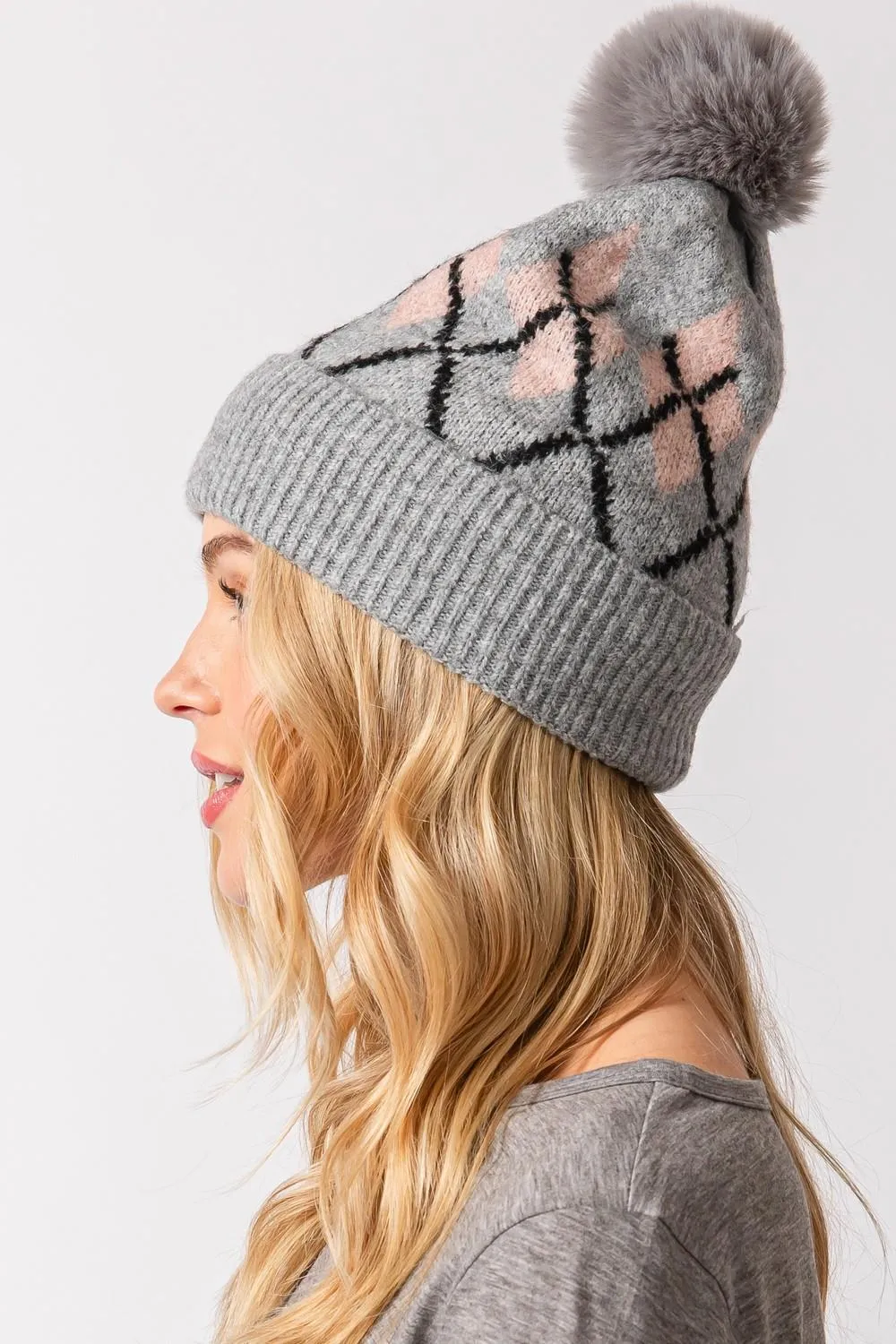 ARGYLE TOQUE WITH FAUX FUR POMPOM