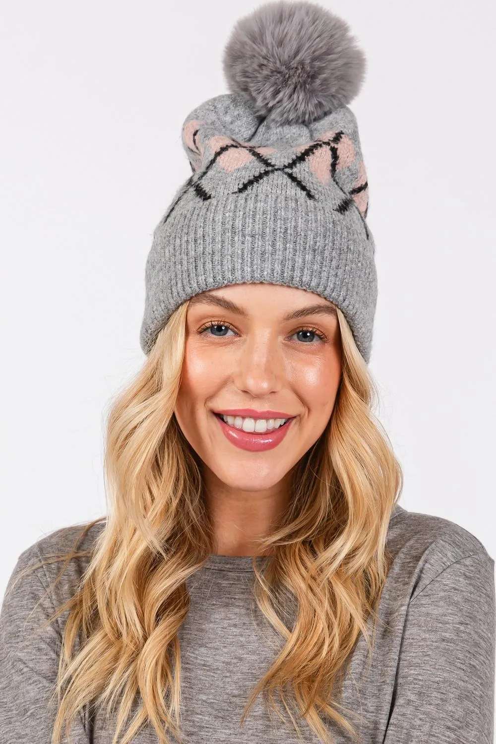 ARGYLE TOQUE WITH FAUX FUR POMPOM