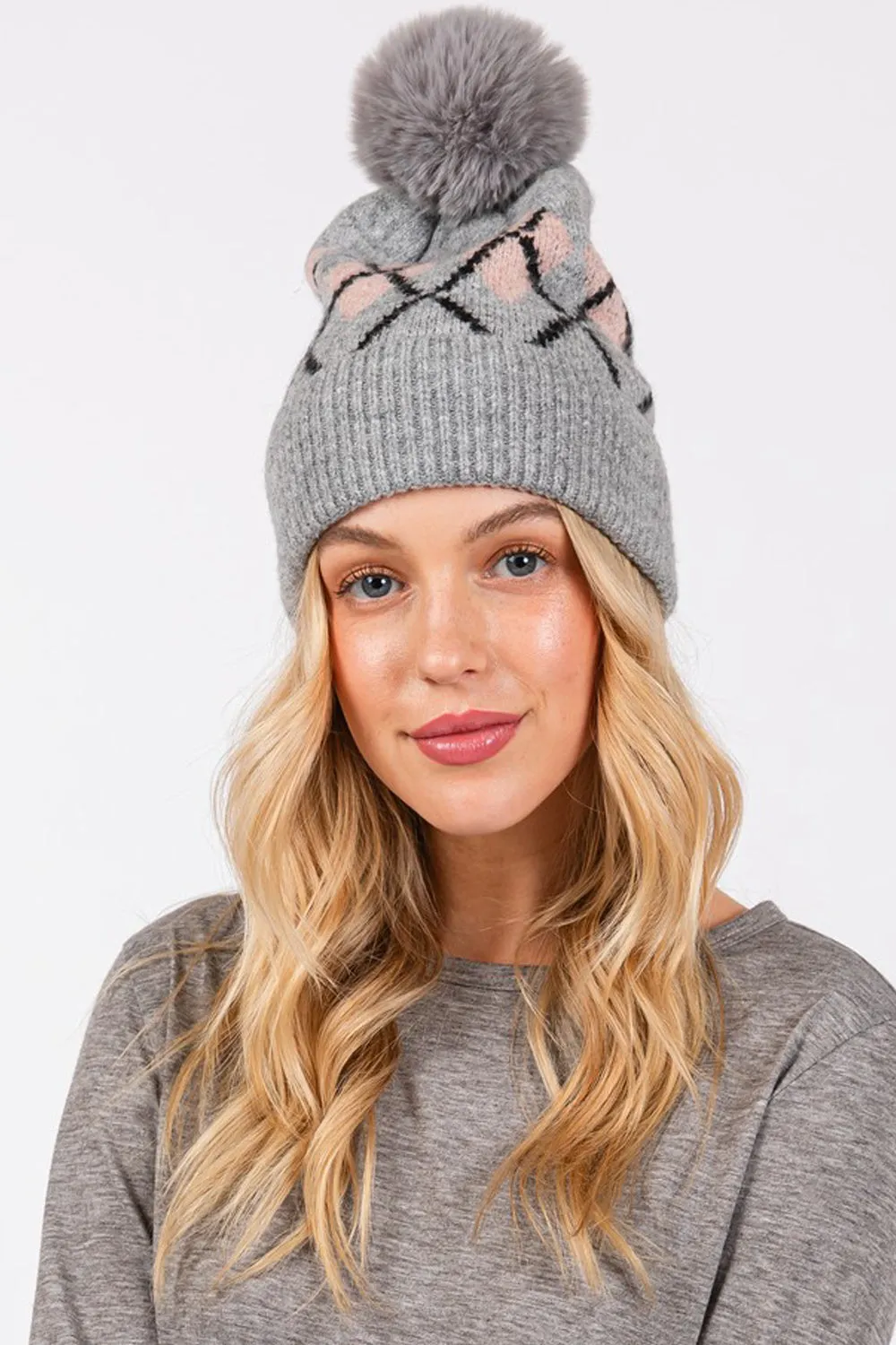 ARGYLE TOQUE WITH FAUX FUR POMPOM