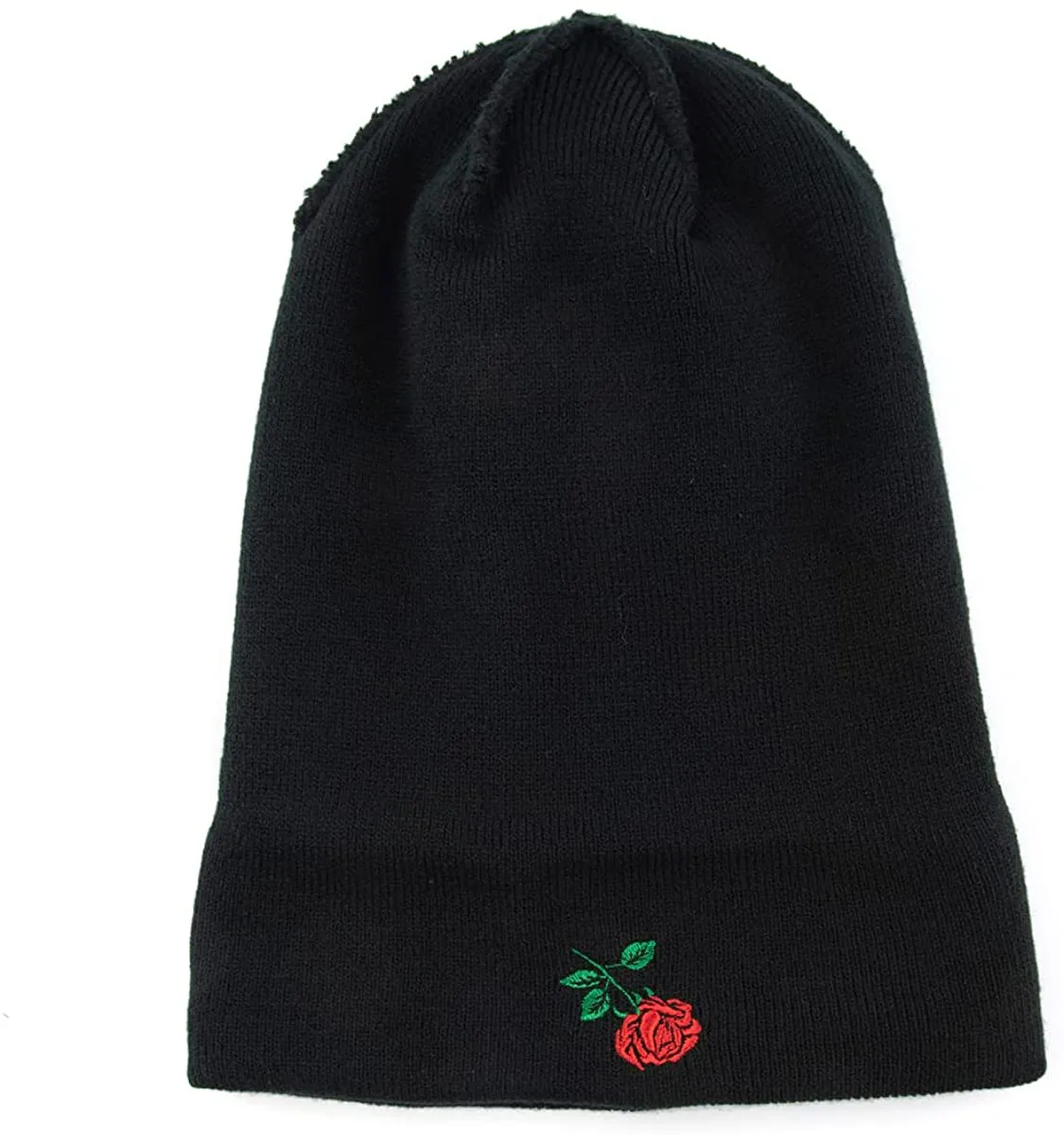 AUNG CROWN Beanie Rose Embroidered Knit Hats Caps for Men Women Black (Beanie)