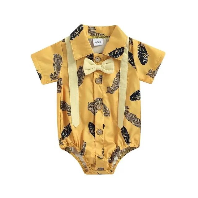 Aztec Print Baby Boys Romper Shirt - Suspenders & Bowtie