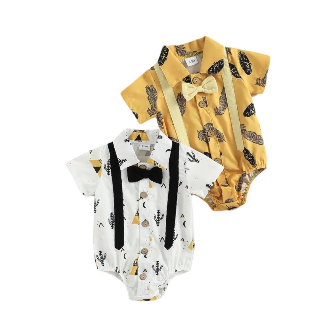 Aztec Print Baby Boys Romper Shirt - Suspenders & Bowtie