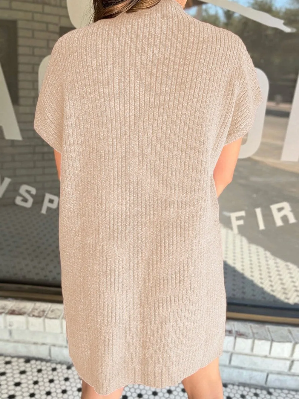 Beige Short Sleeve Knit Sweater Dress