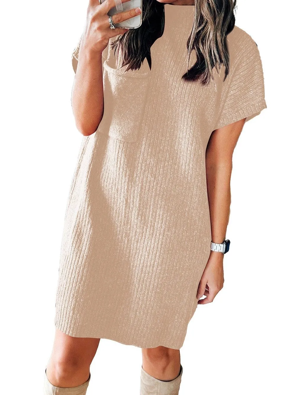 Beige Short Sleeve Knit Sweater Dress