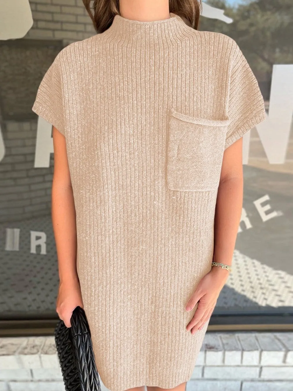 Beige Short Sleeve Knit Sweater Dress