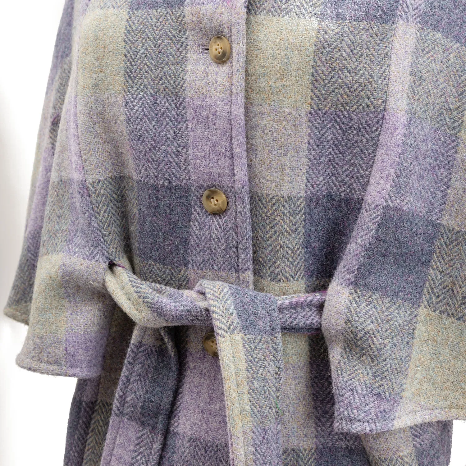 Belted Cape Harris Tweed Purple Square Tartan