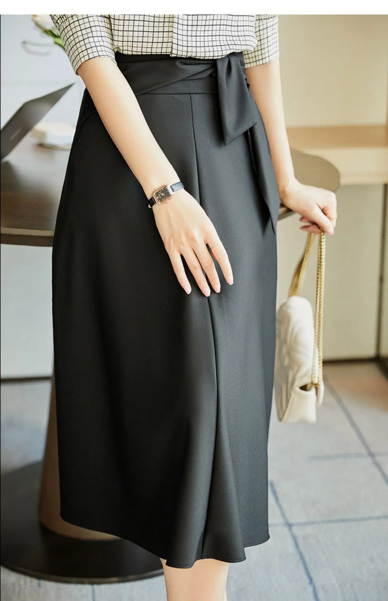 Black Elegant High Waist Belted Midi Skirt