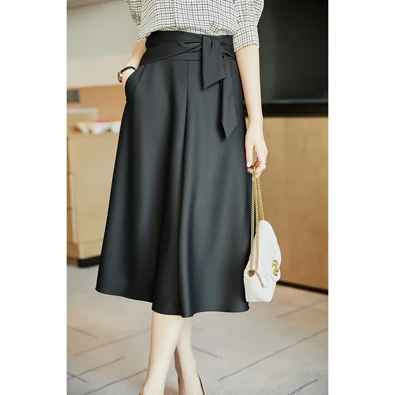 Black Elegant High Waist Belted Midi Skirt