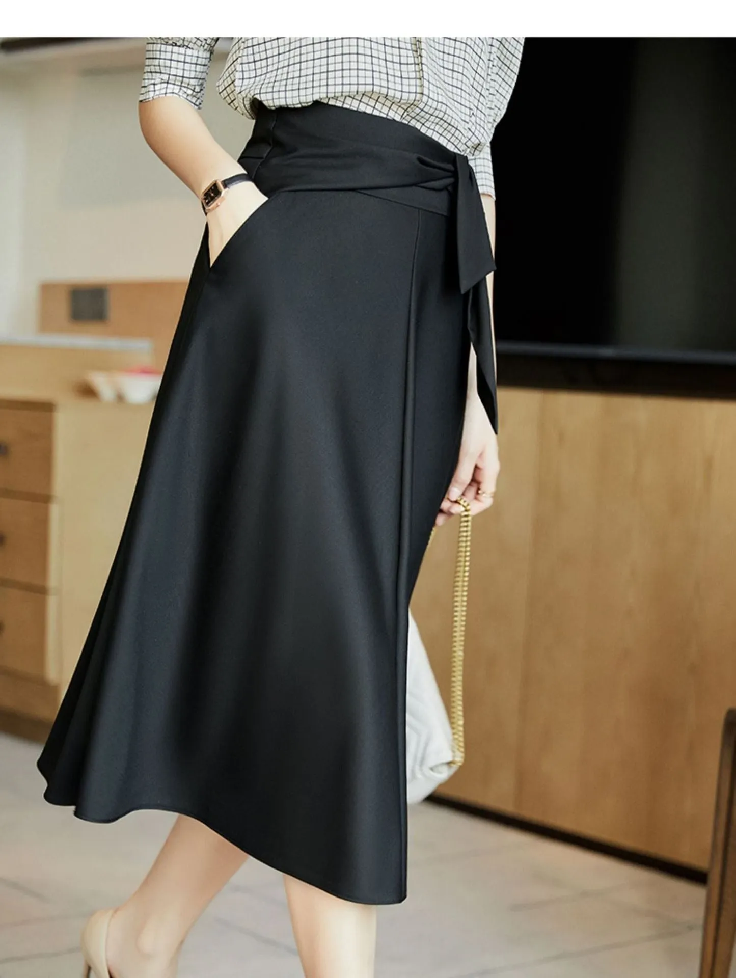 Black Elegant High Waist Belted Midi Skirt