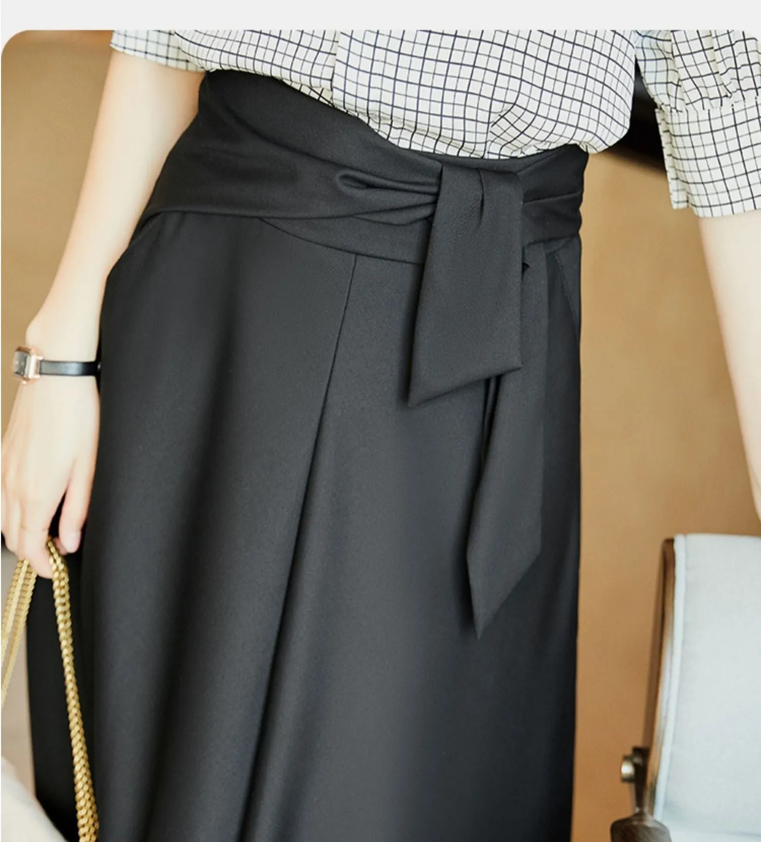 Black Elegant High Waist Belted Midi Skirt