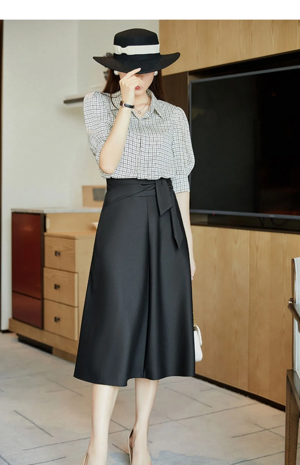 Black Elegant High Waist Belted Midi Skirt