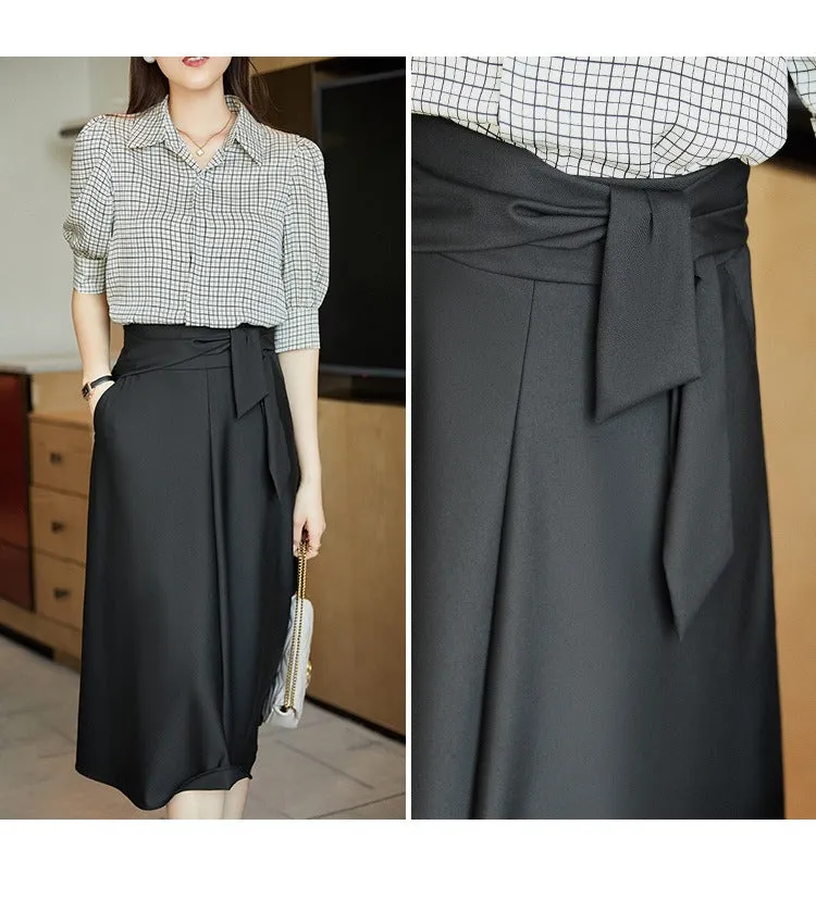 Black Elegant High Waist Belted Midi Skirt