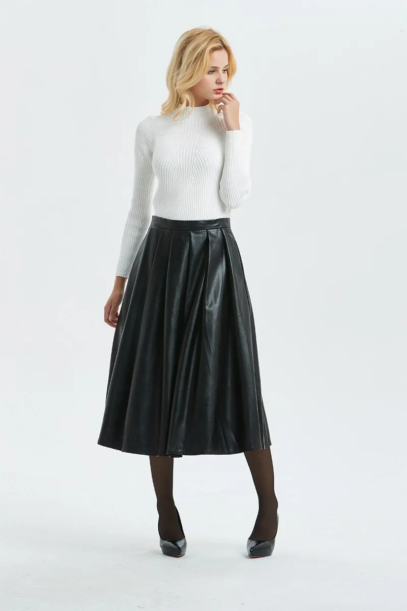 Black PU skirt, PU skirt - midi skirt-womens winter skirt-black skirt, faux leather skirt for winter, warm winter skirt-fashion skirt C1296