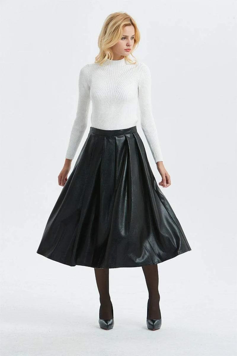 Black PU skirt, PU skirt - midi skirt-womens winter skirt-black skirt, faux leather skirt for winter, warm winter skirt-fashion skirt C1296