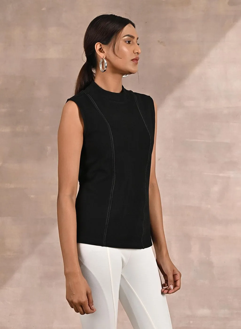 Black Sleeveless Winter Top with Fine Stitch Detailing