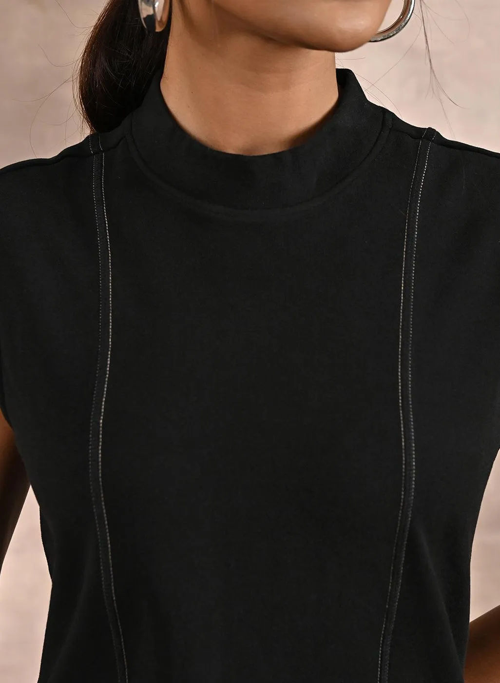 Black Sleeveless Winter Top with Fine Stitch Detailing