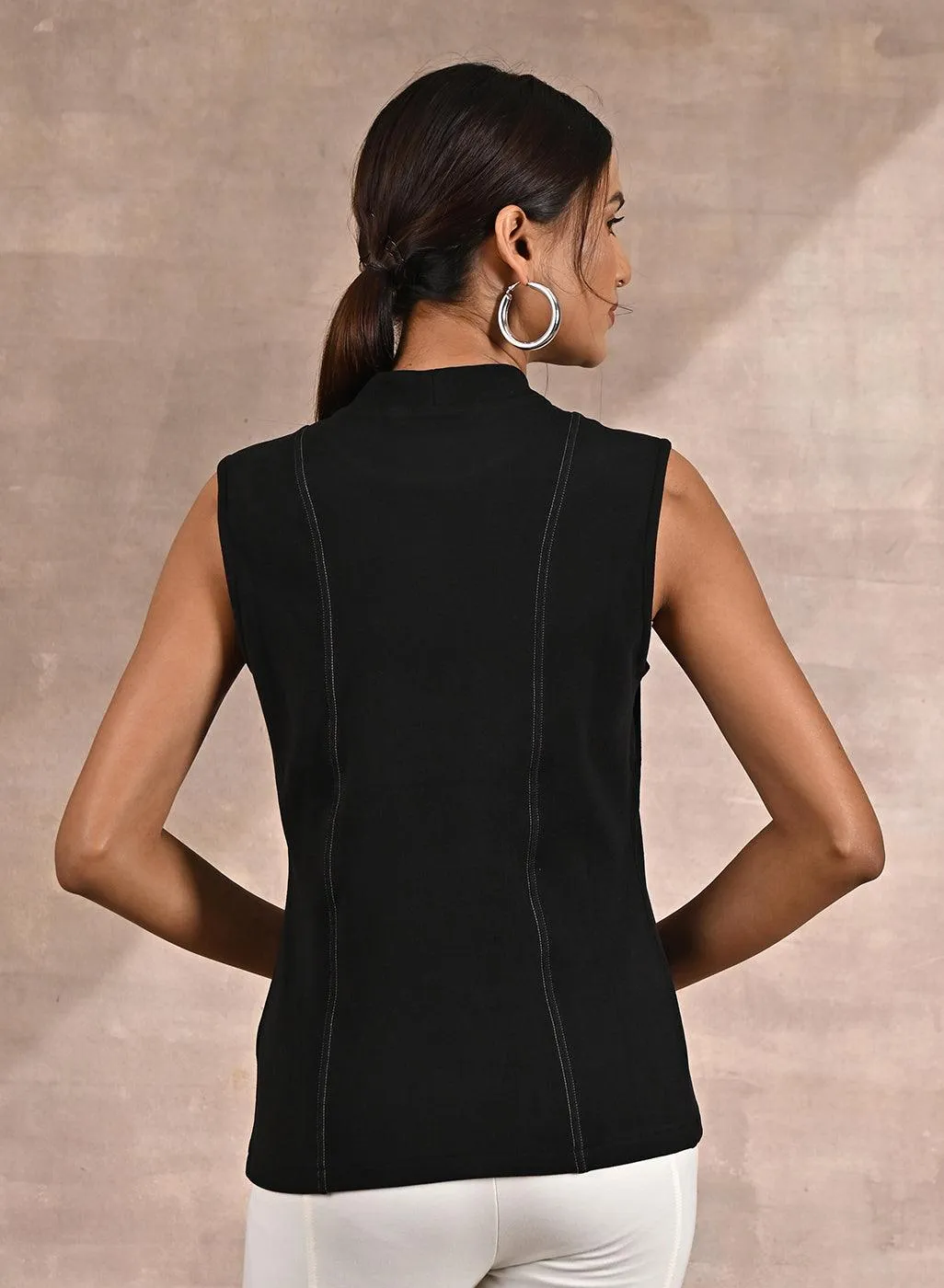 Black Sleeveless Winter Top with Fine Stitch Detailing