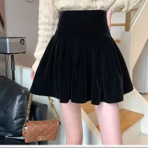 Black Velvet High Waist Pleated Mini Skirt