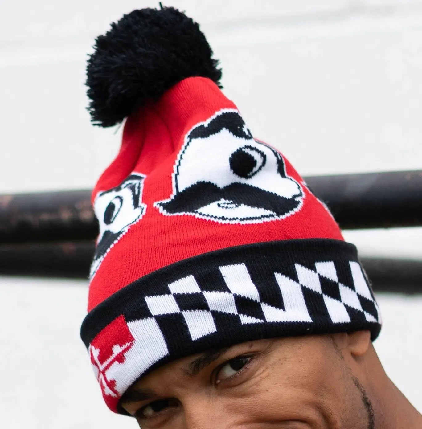 Boh Logo w/ Maryland Flag Brim (Red w/ Black Pom) / Knit Beanie Cap