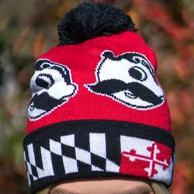 Boh Logo w/ Maryland Flag Brim (Red w/ Black Pom) / Knit Beanie Cap