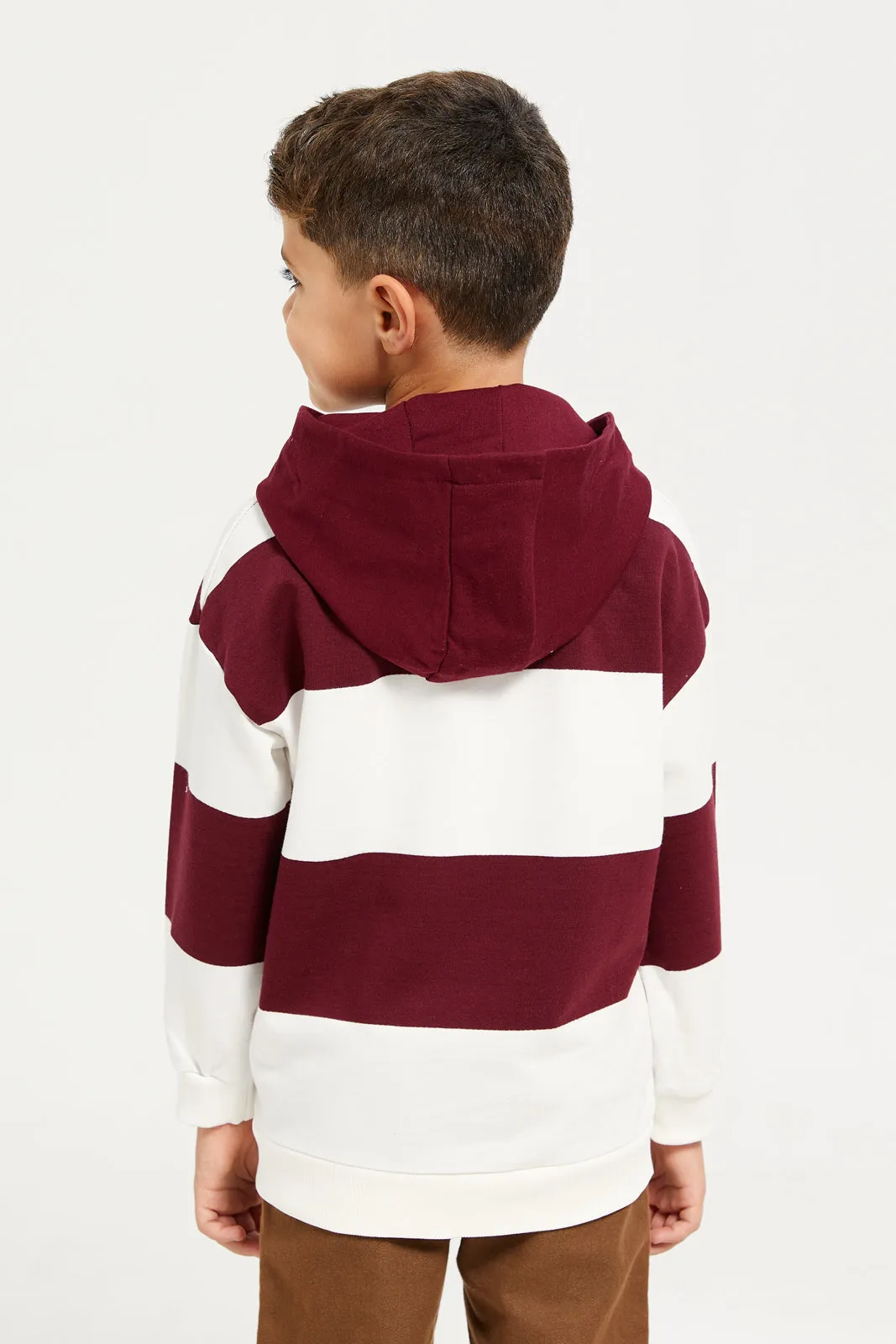 Boys Burgundy And White Stripes Hooded T-Shirt