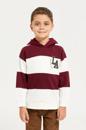 Boys Burgundy And White Stripes Hooded T-Shirt