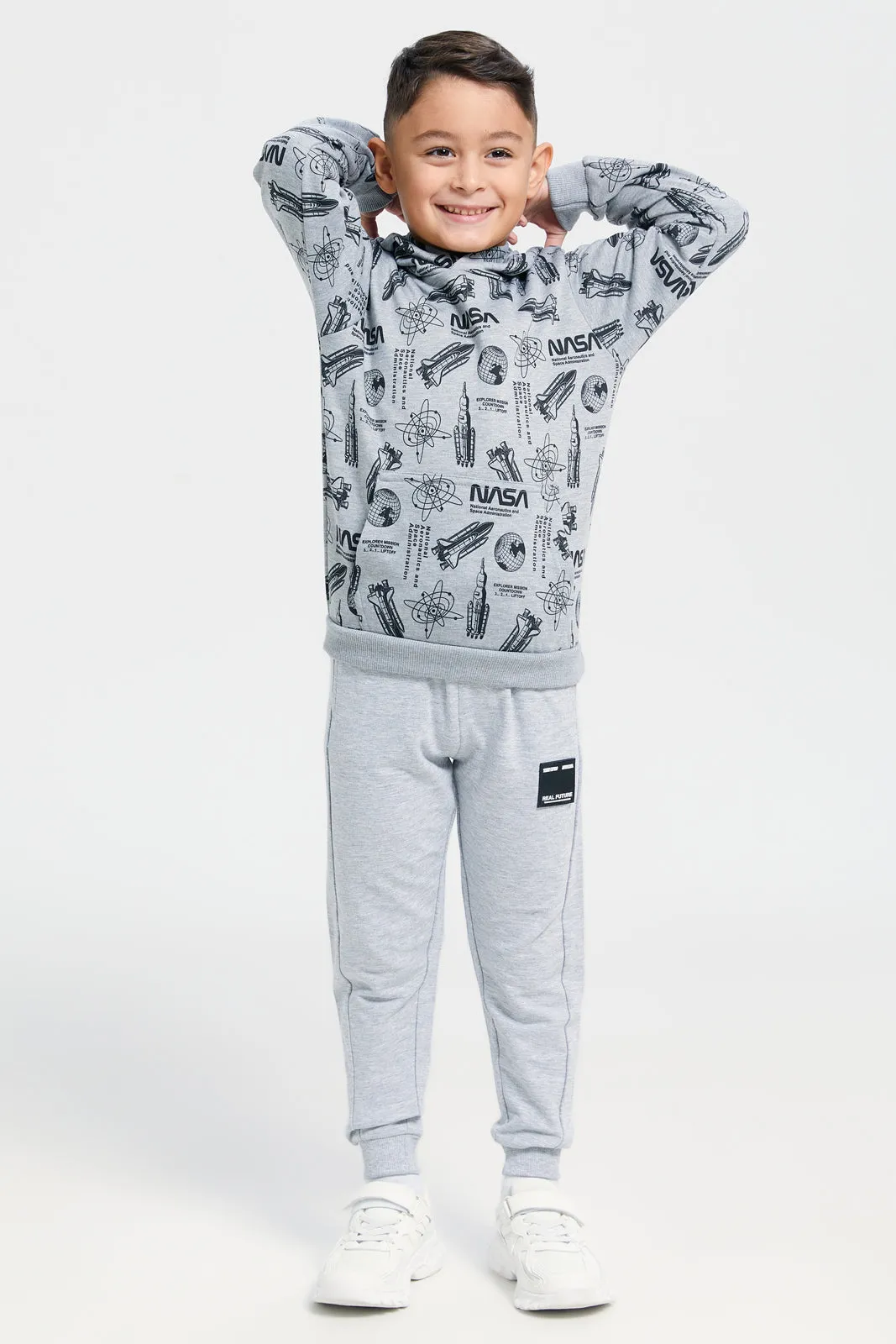 Boys Grey Front & Back Print Hooded Sweatshirt