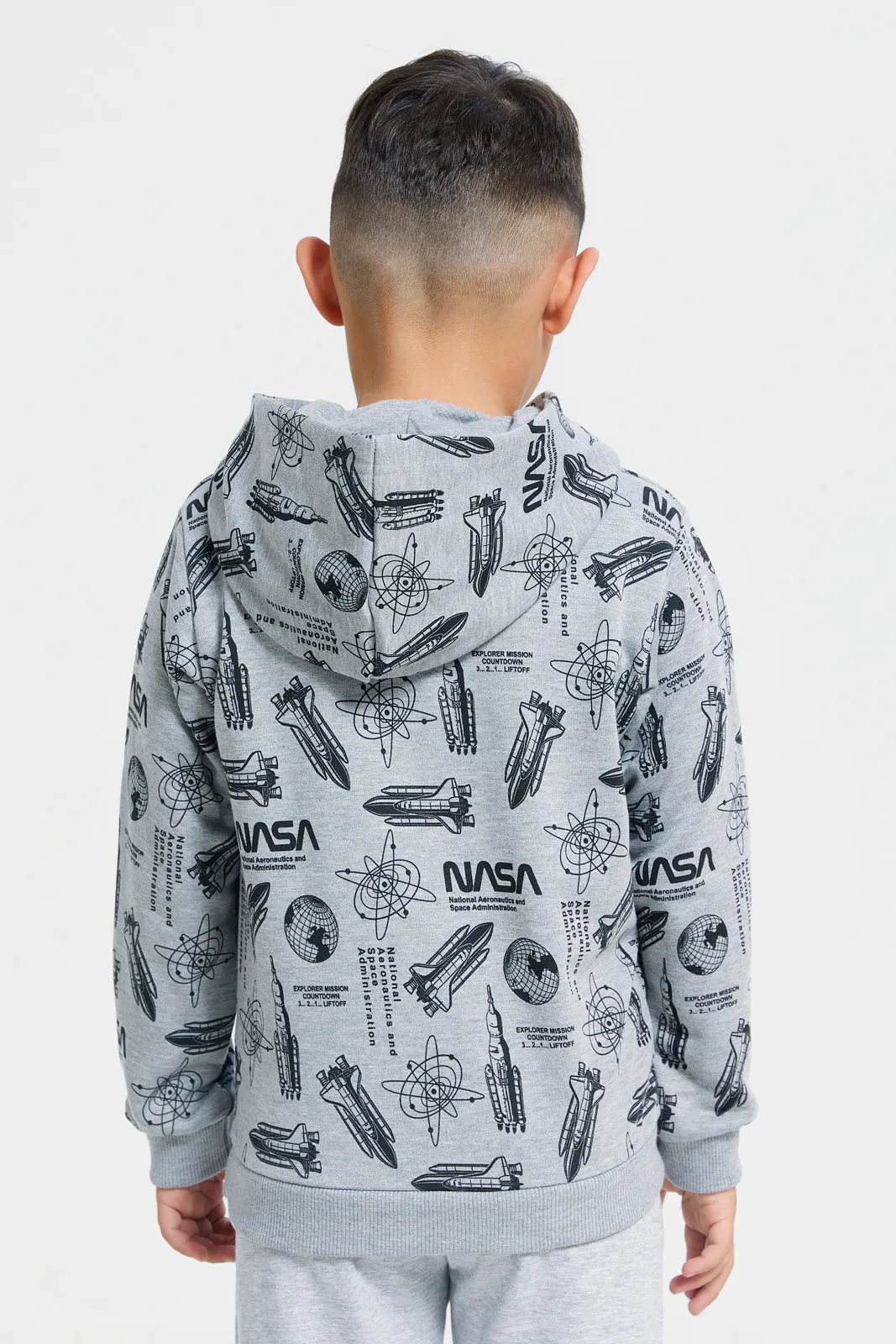 Boys Grey Front & Back Print Hooded Sweatshirt