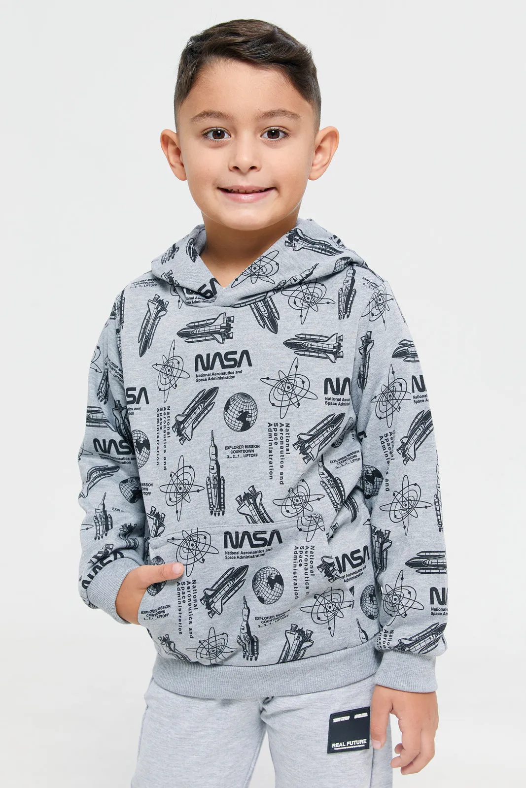 Boys Grey Front & Back Print Hooded Sweatshirt