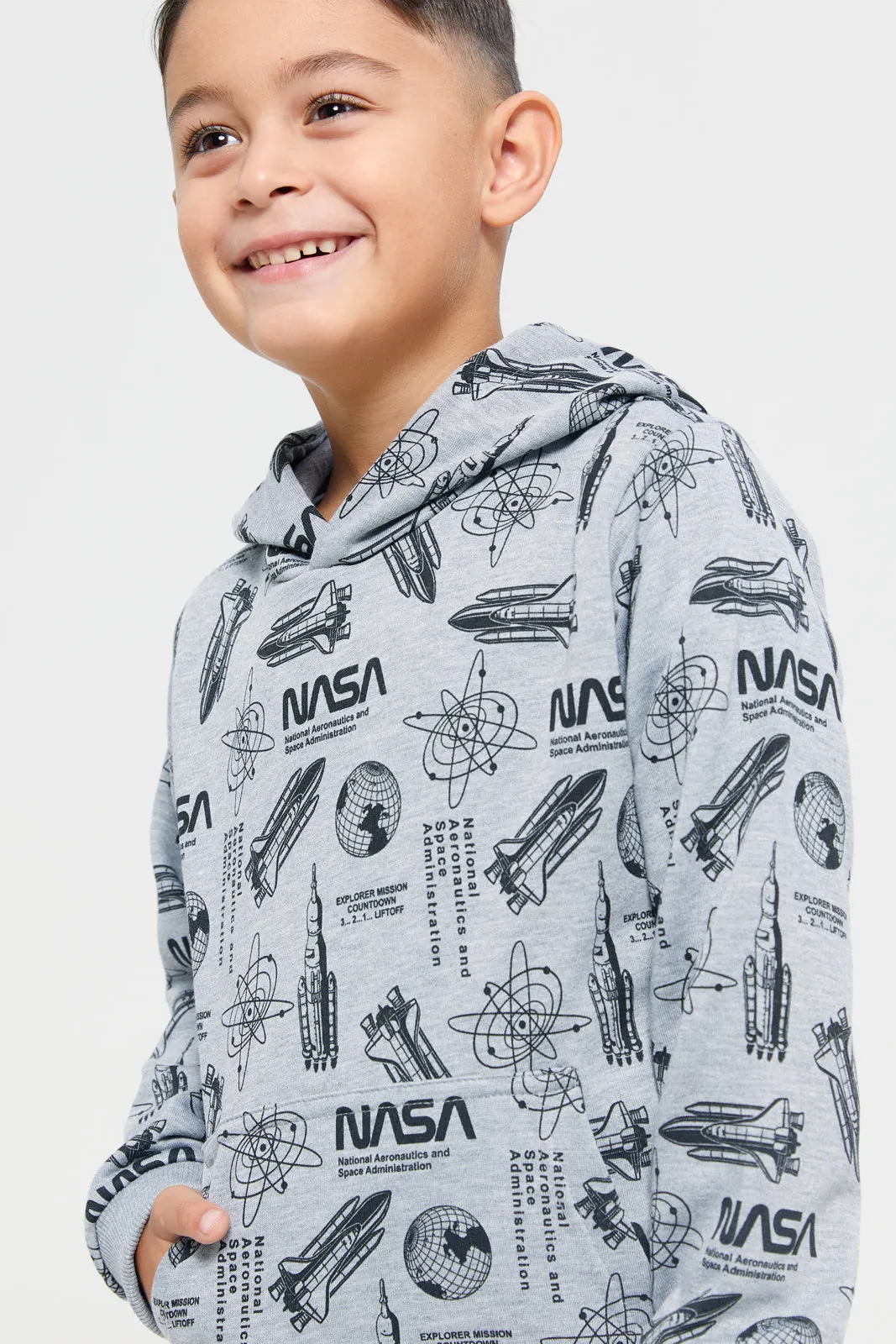 Boys Grey Front & Back Print Hooded Sweatshirt