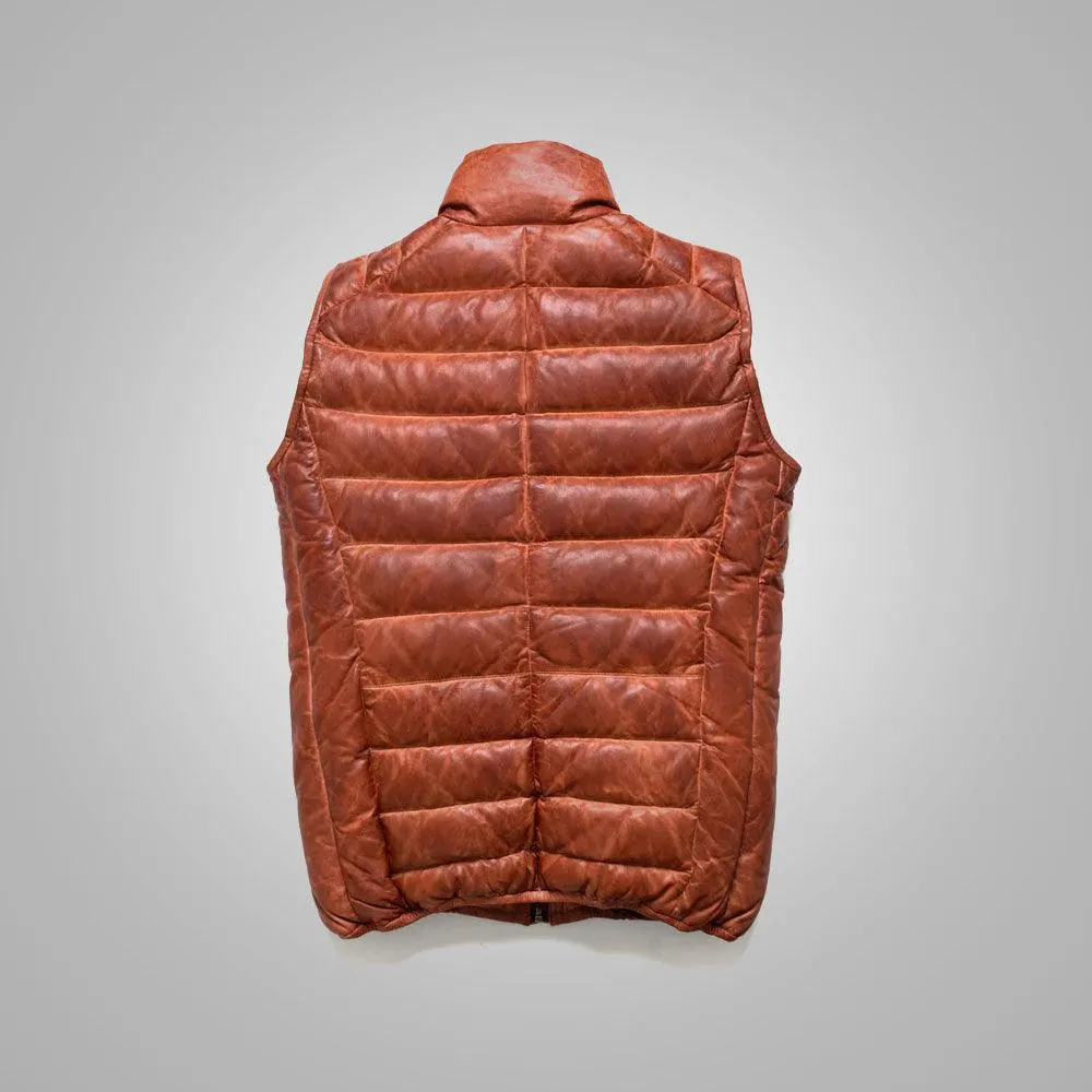 Brown Men's Shearling Bubble Leather Down Vest