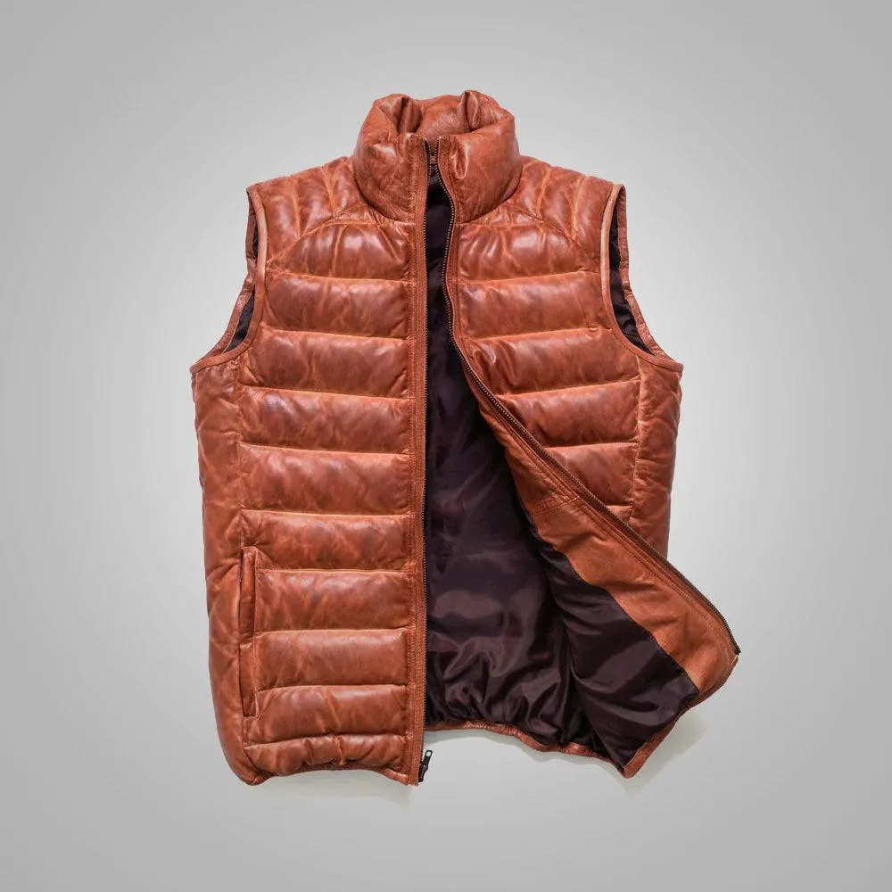 Brown Men's Shearling Bubble Leather Down Vest