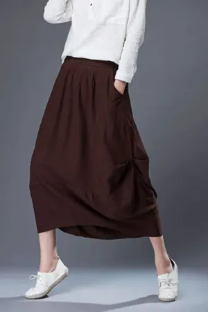 brown midi womens linen summer skirt C864