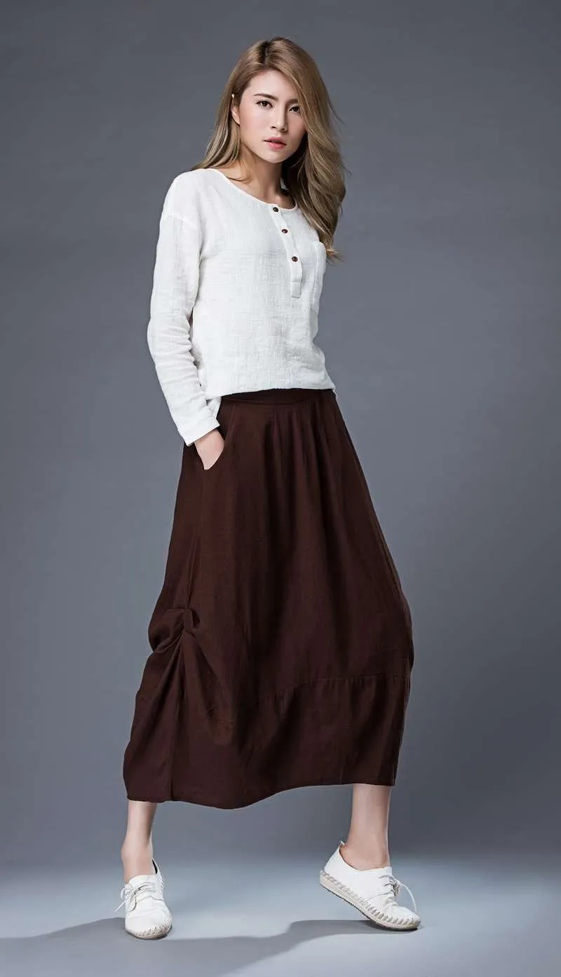 brown midi womens linen summer skirt C864