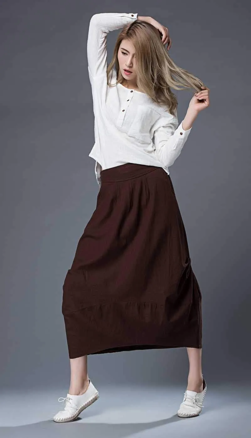 brown midi womens linen summer skirt C864