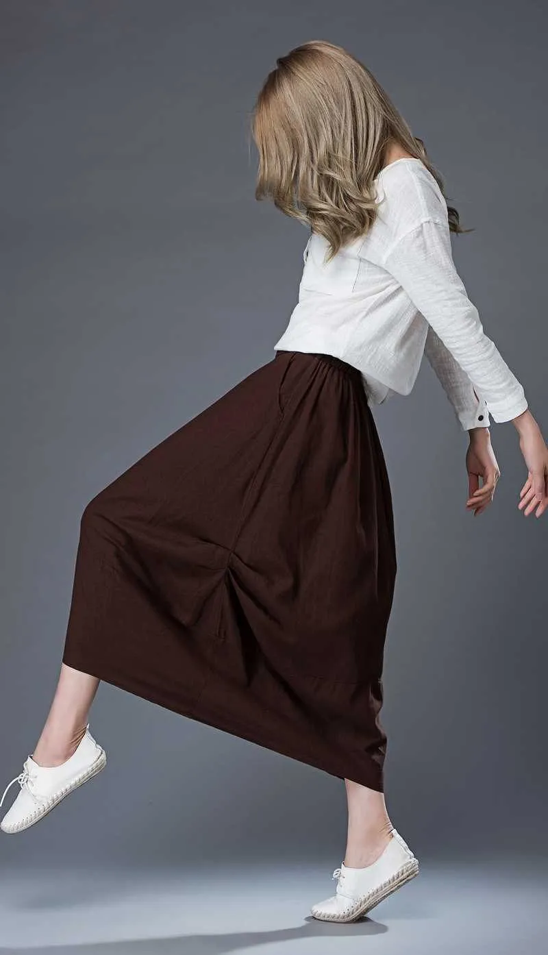 brown midi womens linen summer skirt C864