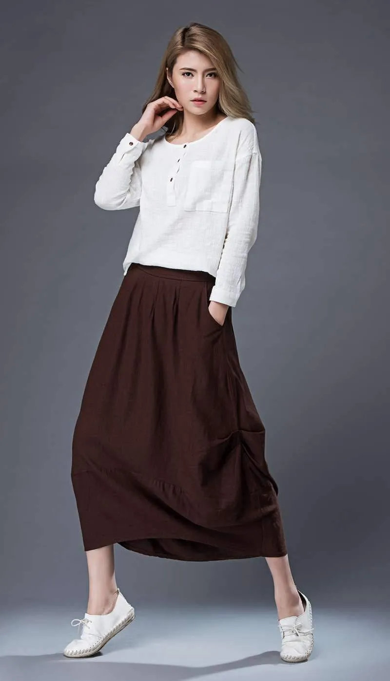 brown midi womens linen summer skirt C864