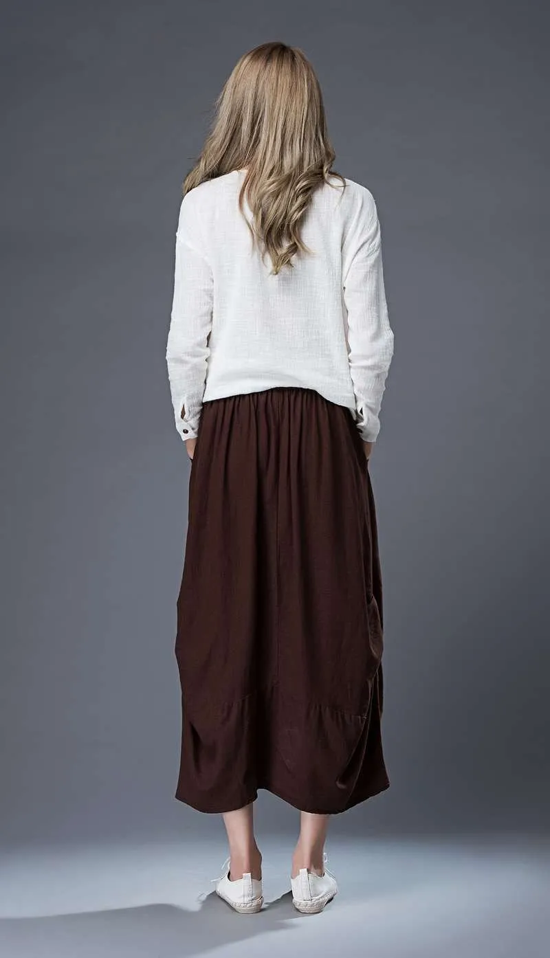 brown midi womens linen summer skirt C864