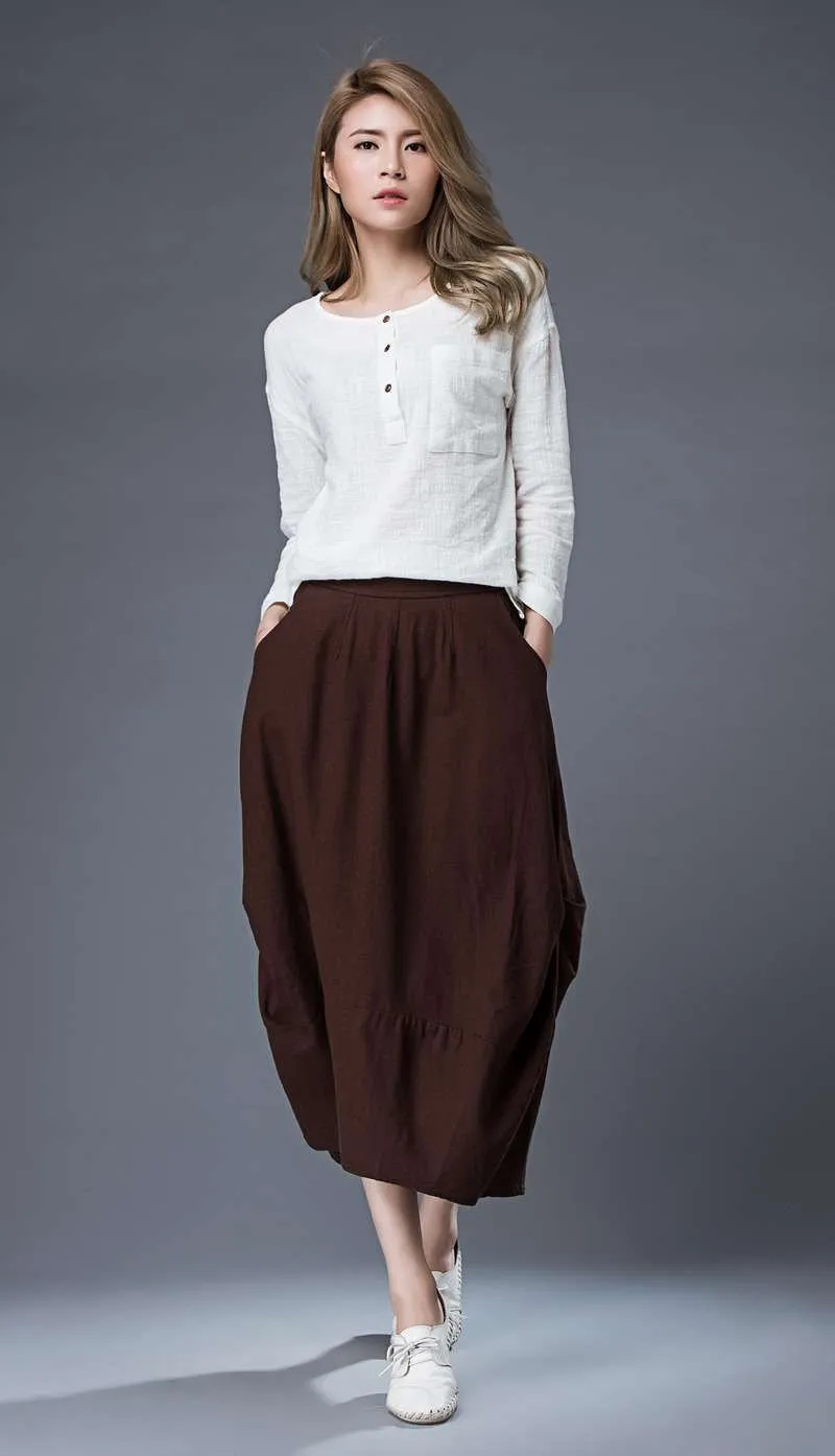 brown midi womens linen summer skirt C864