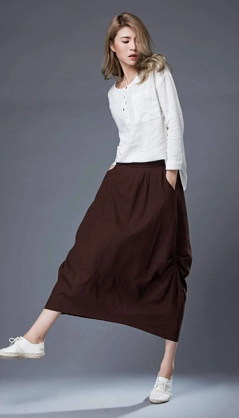 brown midi womens linen summer skirt C864