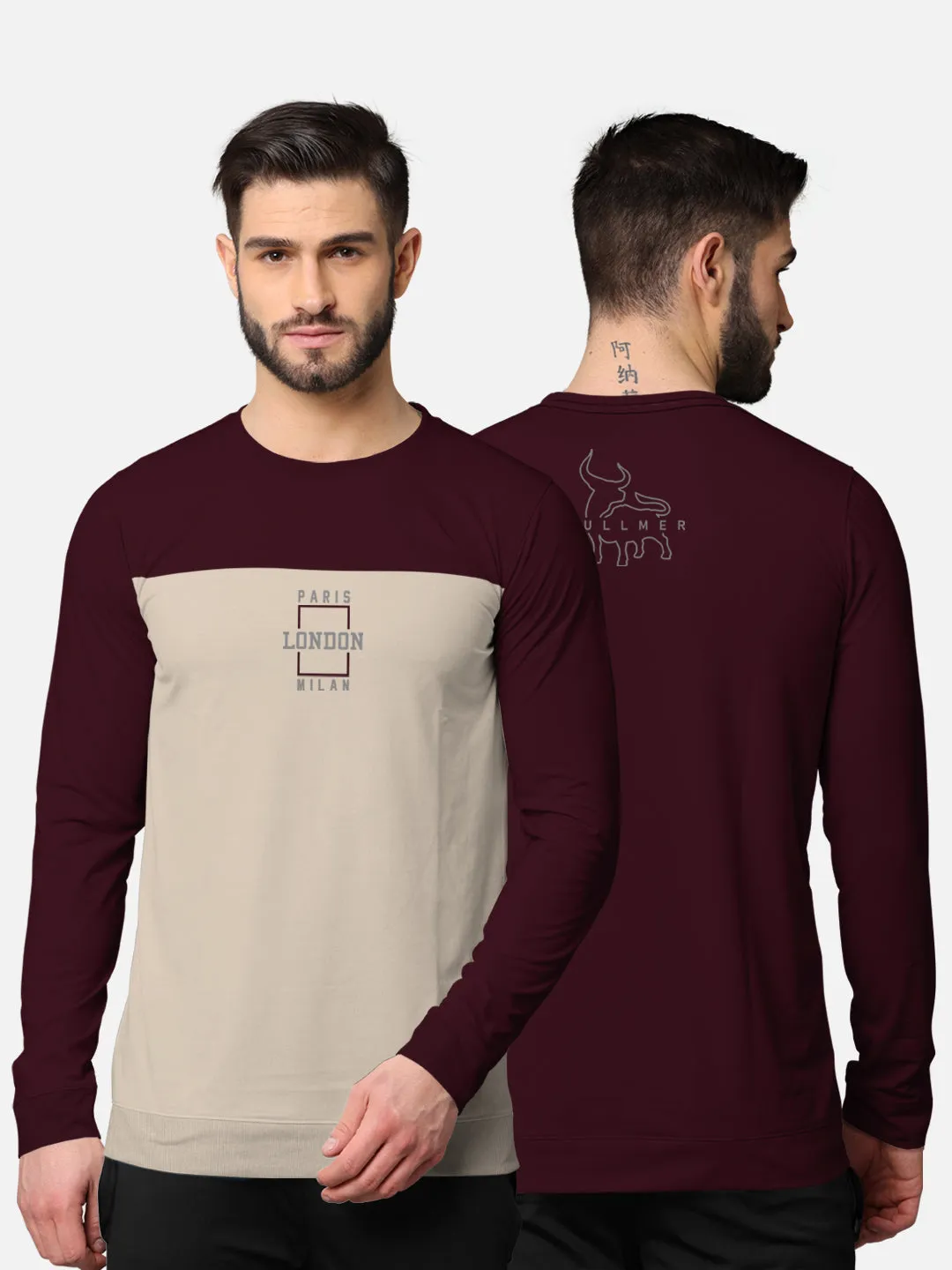 BULLMER Trendy Front & Back Printed Full Sleeve Cut&Sew Tshirt for Men