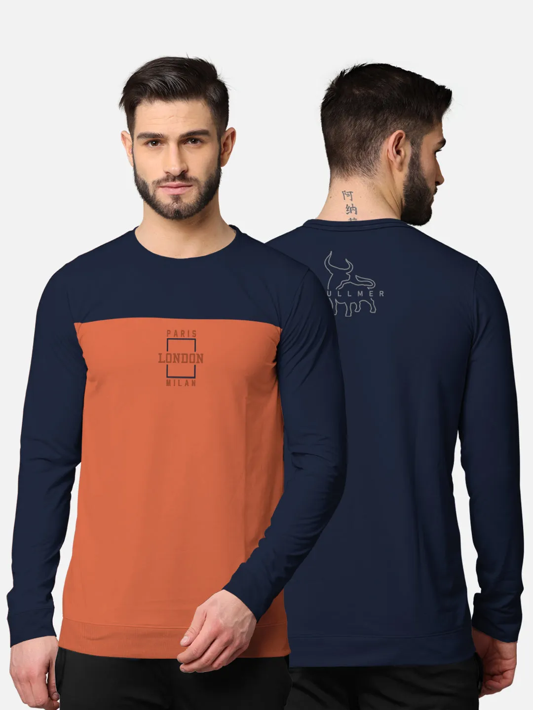 BULLMER Trendy Front & Back Printed Full Sleeve Cut&Sew Tshirt for Men